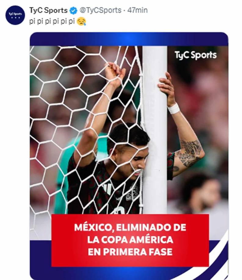 El canal TyC Sports de Argentina se burló de los mexicanos por la eliminación de la Copa América 2024: “Pi pi pi pi pi pi”.