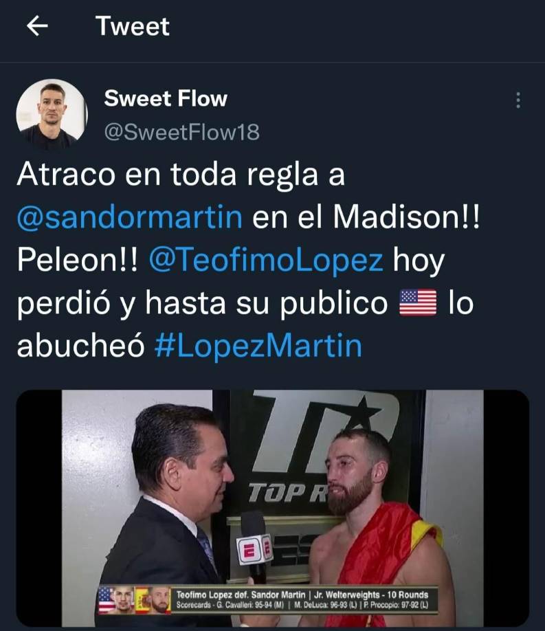 Periodistas españoles señalan como un “atraco” la derrota de Sandor Martín ante el hondureño Teófimo López.