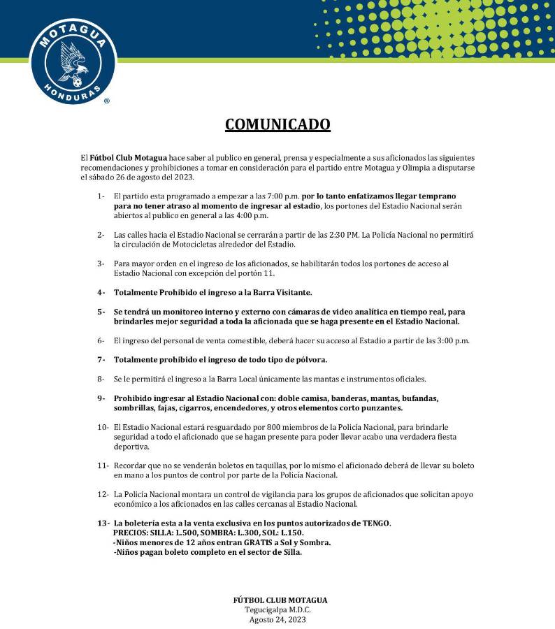 Comunicado de Motagua para el clásico ante Olimpia.
