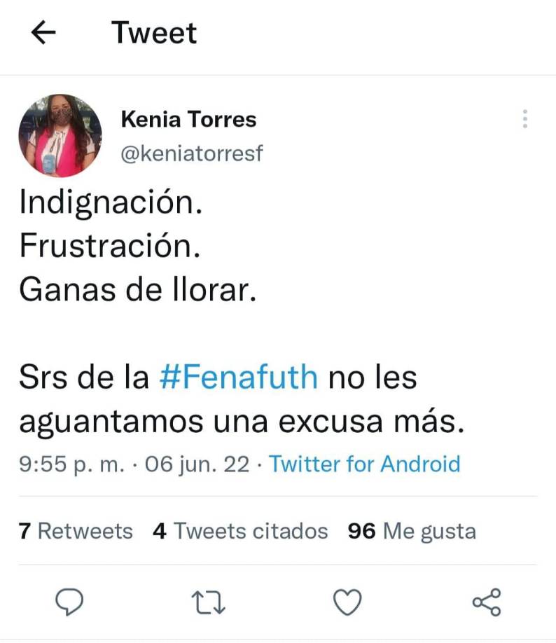 “Señores d ela Fenafuth no les aguantamos una excusa más”, indicó la periodista Kenia Torres.