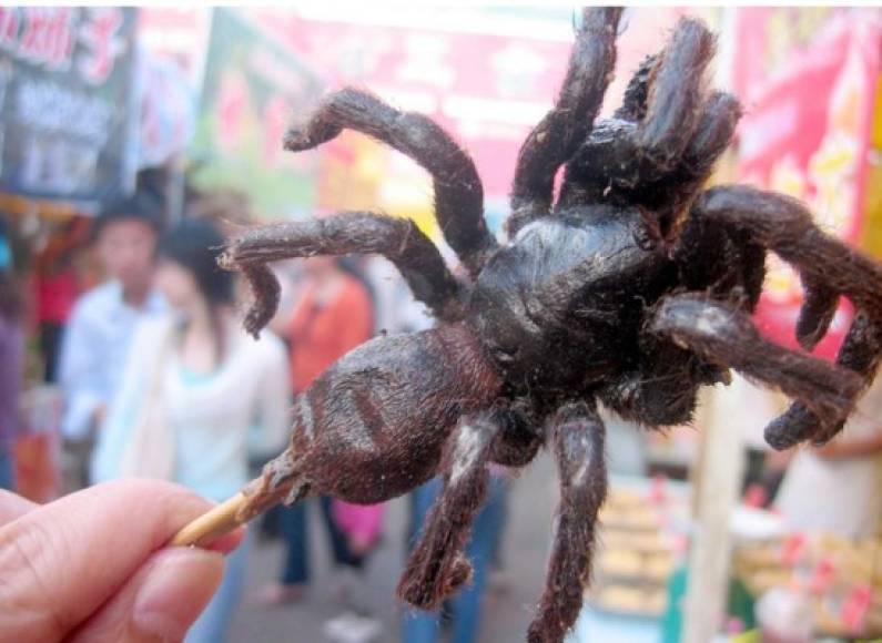14.- Tarántulas. <br/><br/>Los comerciantes venden las tarántulas, fritas con ajo y hierbas, ensartadas en un palillo de madera. <br/><br/>En China, los insectos son muy apetecidos.