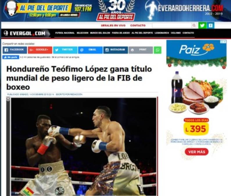 Al Pie del Deporte de Costa Rica - 'Hondureño Teófimo López gana título mundial de peso ligero de la FIB de boxeo'. 'Derrotó en el Madison Square Garden por knock out en 30 segundos del segundo round al ghanés, Richard Commey para conquistar el titulo mundial de peso ligero de la FIB y convertirse en el primer campeón mundial de boxeo de Honduras'.