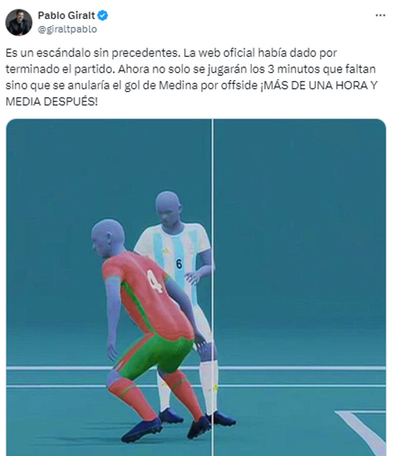 Pablo Giralt, periodista de Argentina: “Es un escándalo sin precedentes. La web oficial había dado por terminado el partido”.