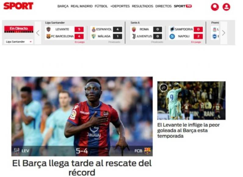 Diario Sport: 'El Barça llega tarde al rescate del récord'. 'Frágil en defensa y desubicado hasta el minuto 70, el campeón se quedó a las puertas de otra gran remontada. De nada sirvió el 'hat-trick' de Coutinho'.