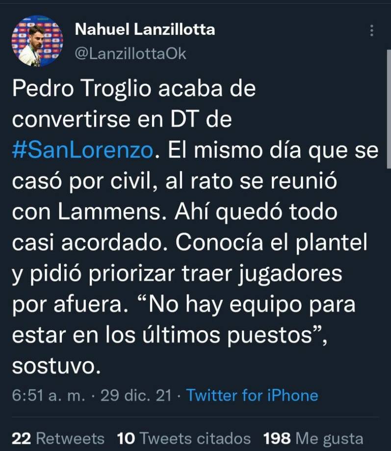 El periodista argentino del diario El Clarín, Nahuel Lanzillotta, reveló detalles de cómo Troglio se vinculó con San Lorenzo y el mismo día que firmó el acta de matrimonio, también firmó su palabra para vincularse al cuadro sudamericano y dejar el Olimpia.