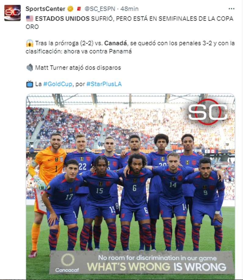 Sports Center: “ESTADOS UNIDOS SUFRIÓ, PERO ESTÁ EN SEMIFINALES DE LA COPA ORO”.