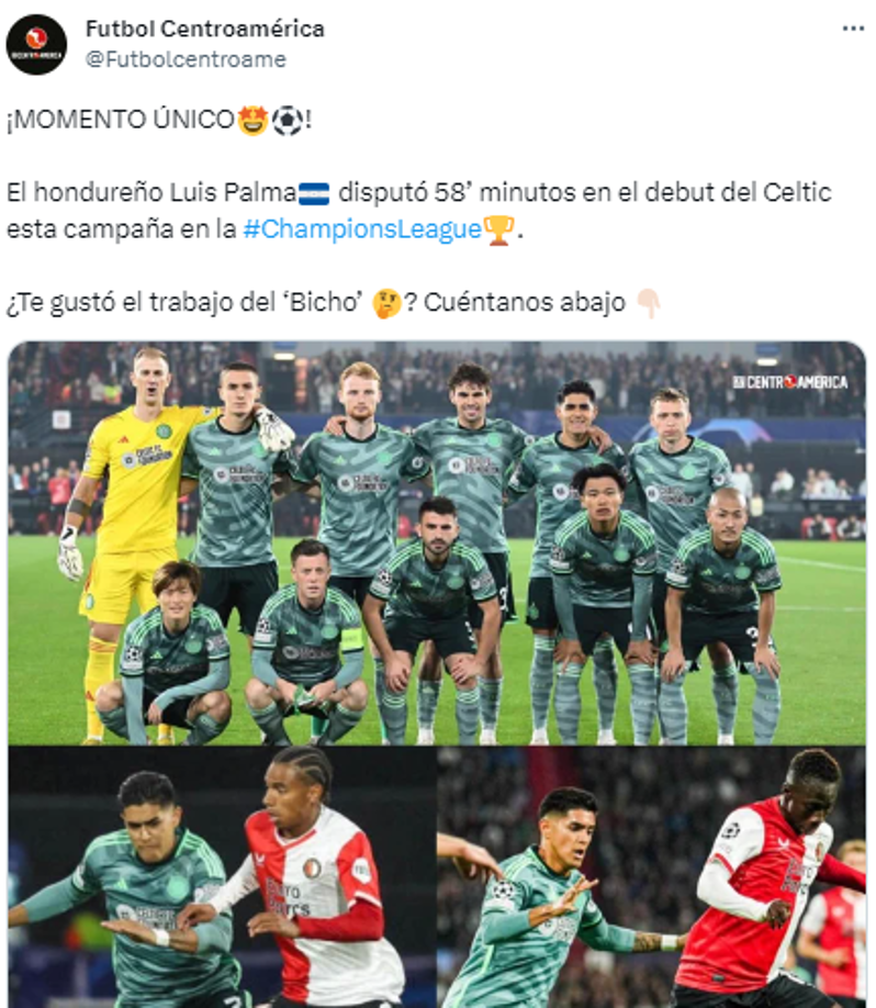 “¡MOMENTO ÚNICO! El hondureño Luis Palma disputó 58’ minutos en el debut del Celtic esta campaña en la Champions League”, publicó Fútbol Centroamérica.