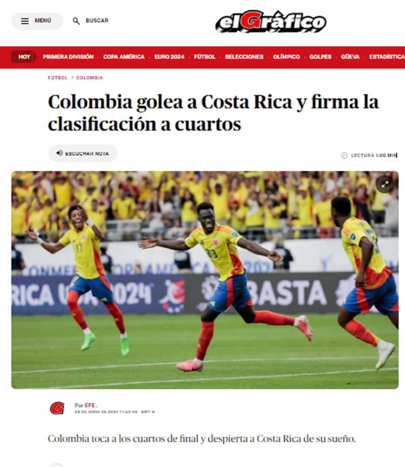 El Gráfico de El Salvador - “Colombia golea a Costa Rica y firma la clasificación a cuartos”. Además, en su crónica asegura que la selección cafetera “despierta a Costa Rica de su sueño”.
