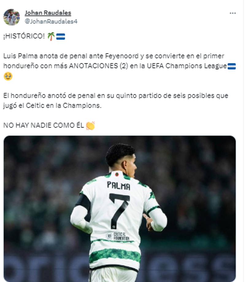 Johan Raudales de DIEZ: “Luis Palma anota de penal ante Feyenoord y se convierte en el primer hondureño con más ANOTACIONES (2) en la UEFA Champions League”.