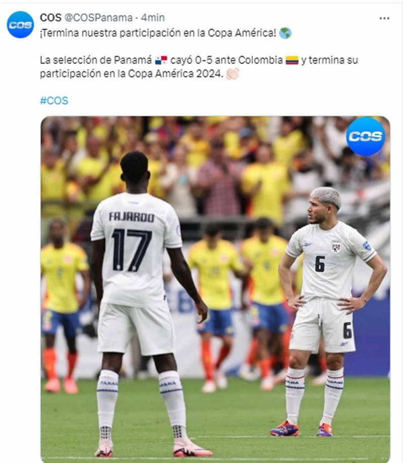 COS Panamá - “¡Termina nuestra participación en la Copa América! La Selección de Panamá cayó 0-5 ante Colombia”.