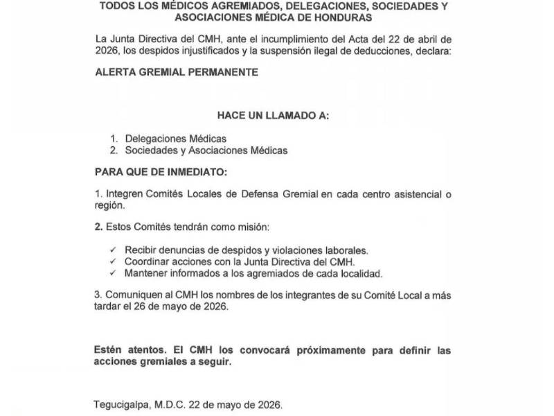 Comunicado público emitido por el Colegio Médico de Honduras.