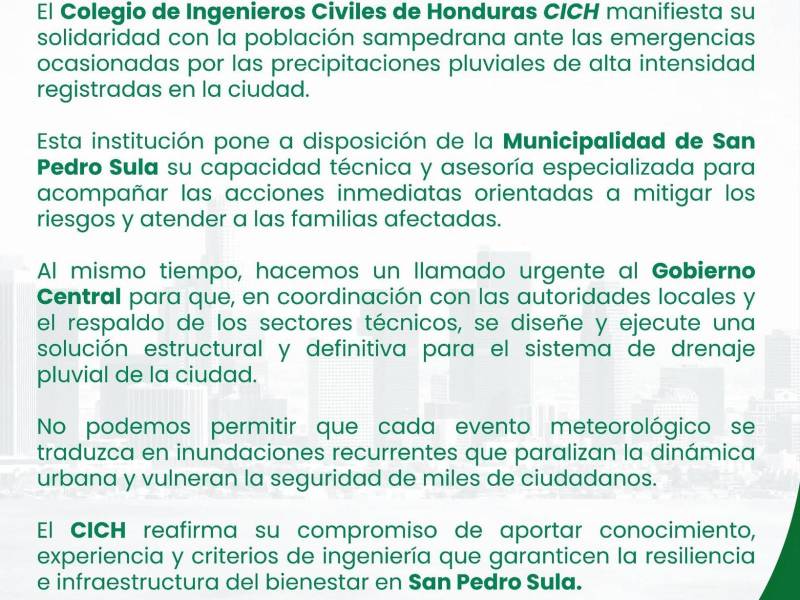 Comunicado del Colegio de Ingenieros Civiles.