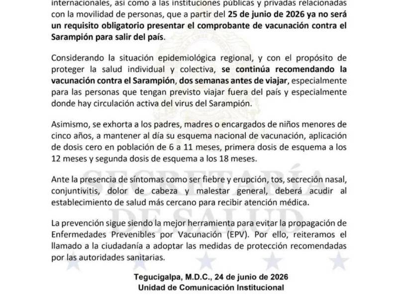 La Secretaría de Salud emitió un comunicado en el que informa la suspensión del requisito del carnet de vacunación contra el sarampión para viajes al extranjero.