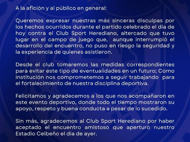 El comunicado Club Deportivo Victoria tras lo sucedido en el amistoso ante Herediano.