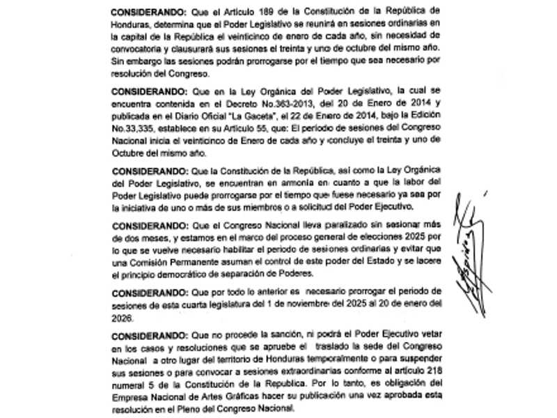 Esto establece el decreto para extender sesiones del Congreso Nacional