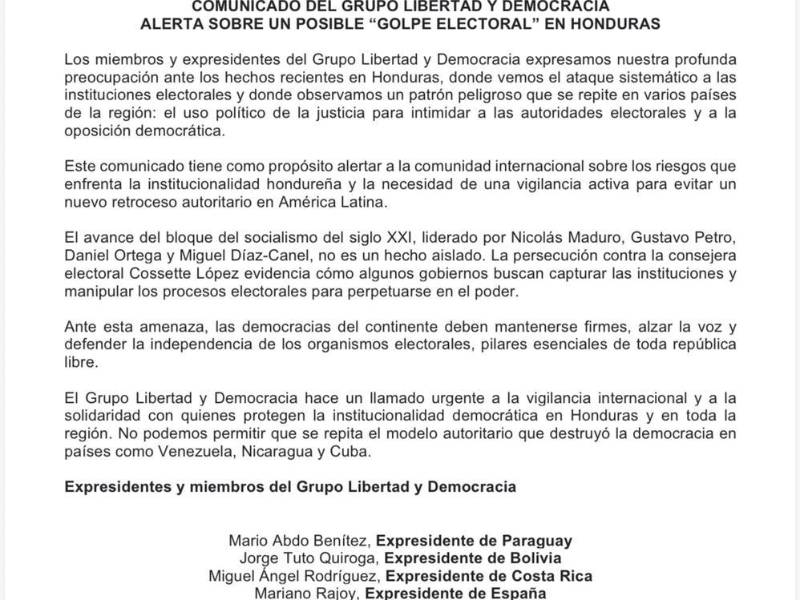 Comunicado del Grupo Libertad y Democracia, conformado por expresidentes de Latinoamérica y España.