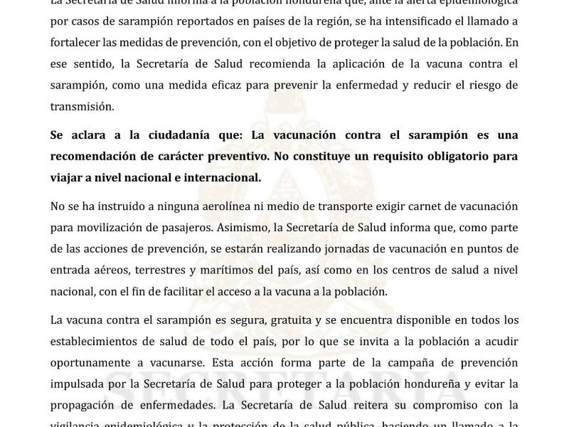 Comunicado de Prensa: Salud aclaró que no es obligatorio vacunarse contra el sarampión para viajar en Semana Santa.
