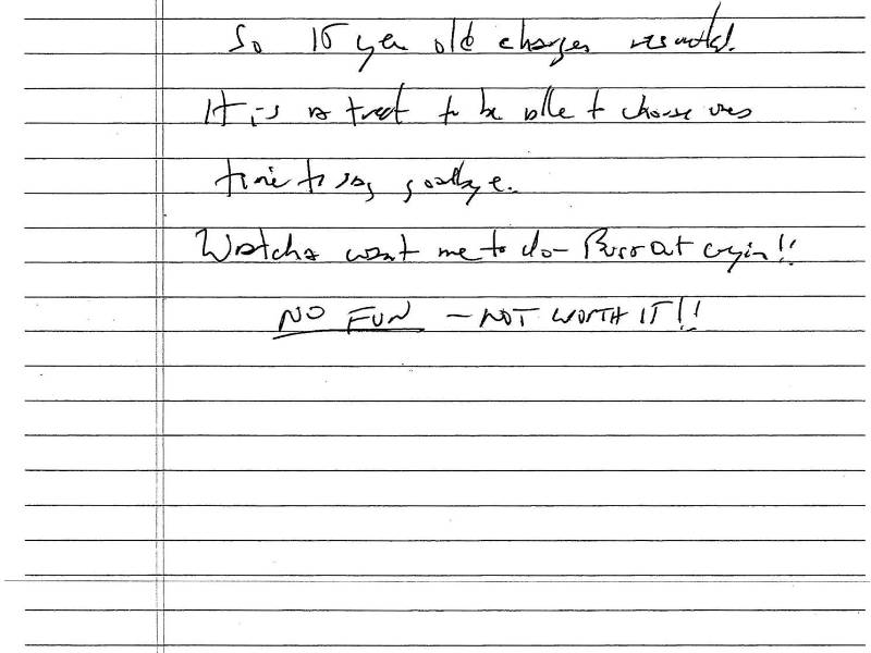Fotografía cedida por la firma de abogados Wieder Law Group donde se muestra la supuesta nota de suicidio del pedófilo Jeffrey Epstein.
