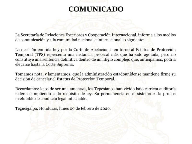 Secretaría de Relaciones Exteriores se pronuncia sobre cancelación del TPS a hondureños