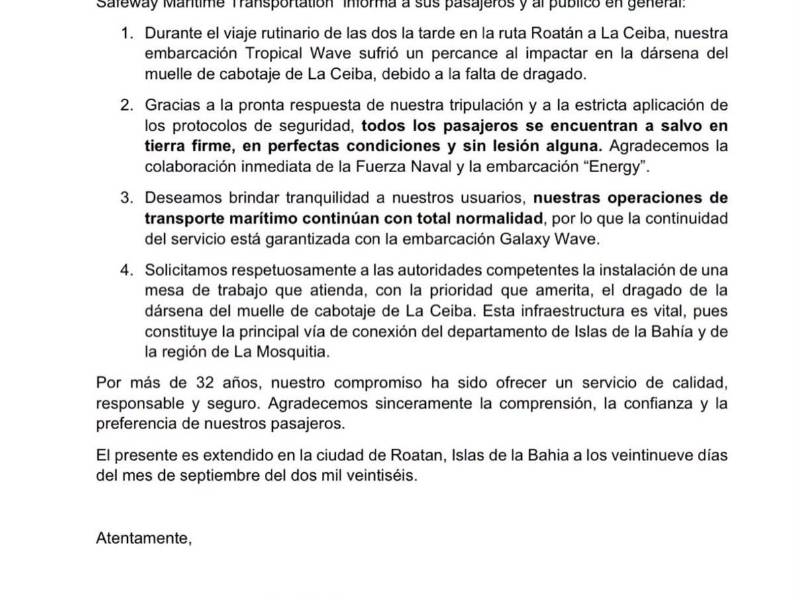 Comunicado emitido por la empresa Safeway Maritime Transportation
