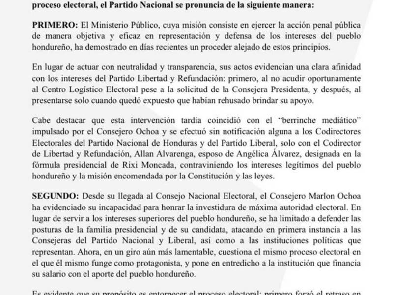 El comunicado del Partido Nacional.