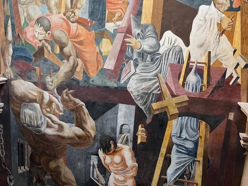 En “La Lucha Contra el Terrorismo”, se cruzan los horrores de la Inquisición, el Ku Klux Klan y la Gestapo. (vÍa fundación Philip Guston y Hauser &amp; Wirth)