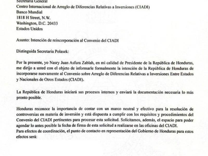 Misiva enviada al CIADI por el presidente de Honduras, Nasry Asfura.
