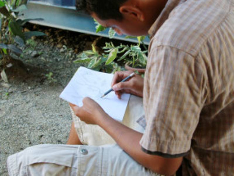 Su pasatiempo es dibujar. En la pared de su cama permanecen varios dibujos que ha hecho durante su estadía en Catrachos al Cambio.