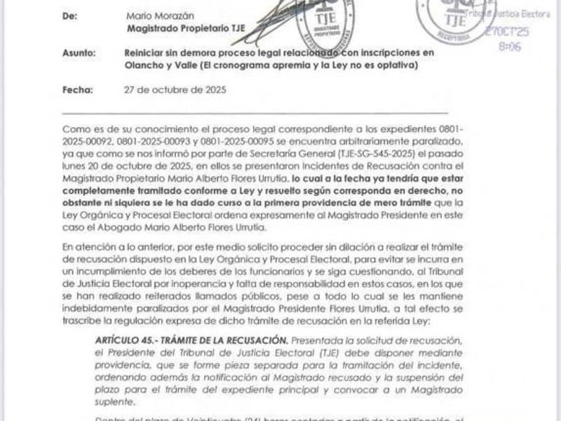 El magistrado Mario Morazán interpuso una recusación contra el presidente del Tribunal de Justicia Electoral (TJE) y formuló señalamientos por presuntos delitos en contra de sus compañeros de pleno.