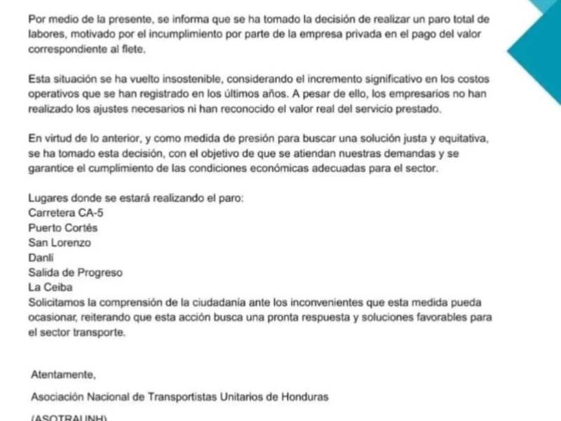 Comunidado de ASOTRAUNH.