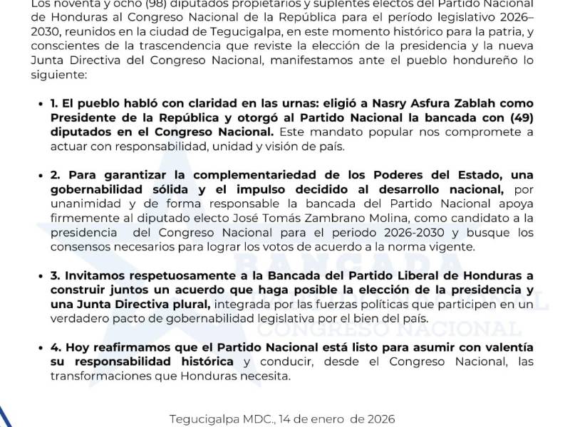 Comunicado emeitido por la bancada del Partido Nacional.