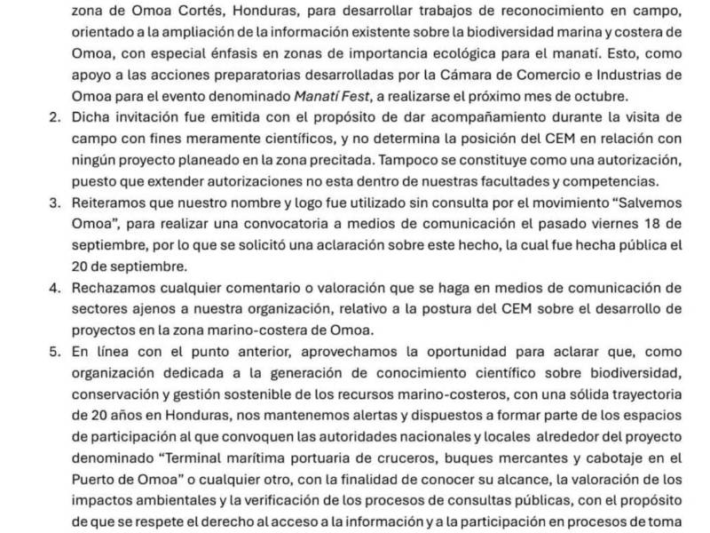A través de sus redes oficiales, el Centro de Estudios Marinos (CEM) emitió un comunicado para aclarar información difundida sobre su participación en actividades de monitoreo biológico en Omoa.