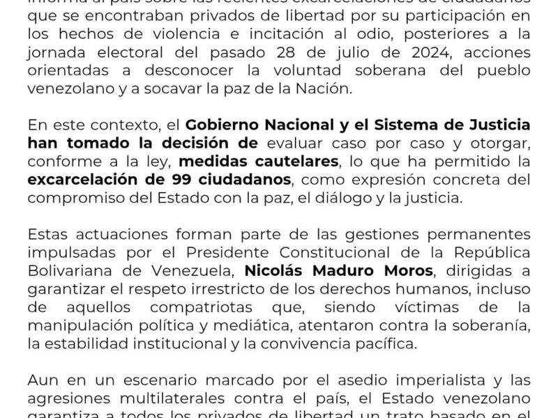 Fotografía tomada de la cuenta oficial en instagram de un comunicado oficial publicado este jueves en Caracas (Venezuela). EFE/ Ministerio para el Servicio Penitenciario de Venezuela