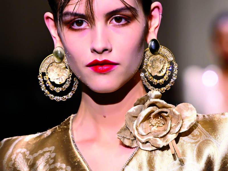 Modelo luciendo un look de Giorgio Armani Prive durante la semana de alta costura Otoño-invierno 2023/2024 en París. Los aritos extragrandes, así como los broches de rosas y pulseras gruesas forman parte de su colección.