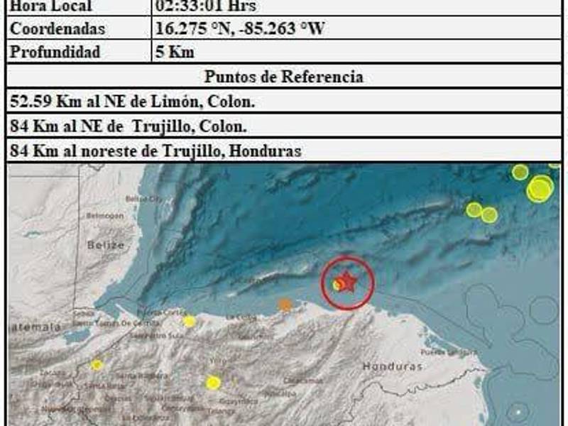 Reporte de Copeco sobre el sismo registrado en la madrugada de este miércoles en aguas del mar Caribe, cerca de la costa de Trujillo, Honduras.