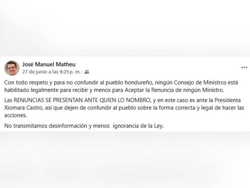 Captura de pantalla a una publicación del diputado del PSH, José Manuel Matheu.