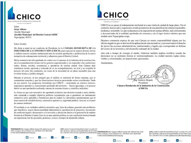 Comunicado institucional dirigido directamente al jefe edilicio y firmado por Gustavo Boquín, presidente de la Chico.