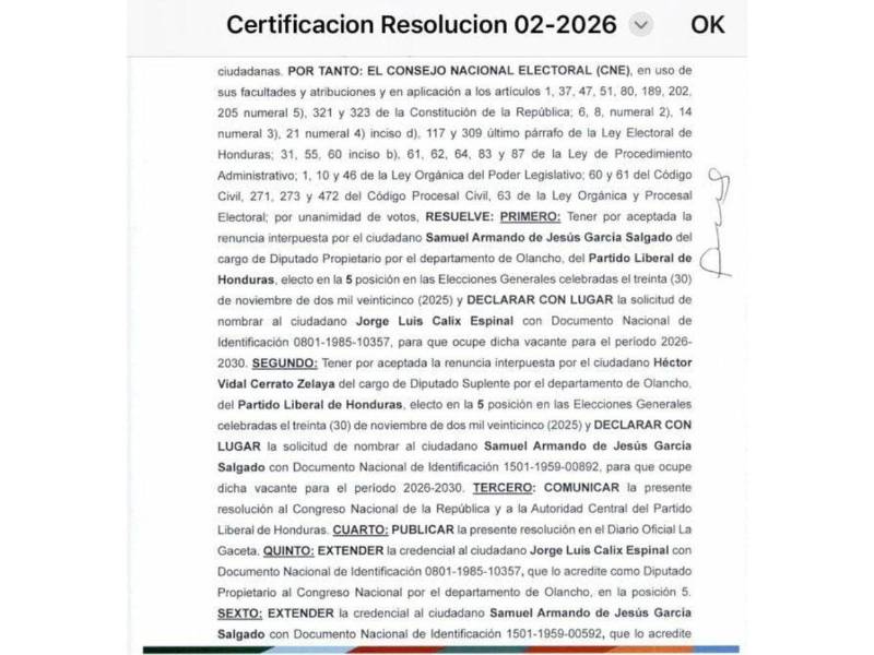 Esto dice la resolución que oficializa a Jorge Cálix como diputado