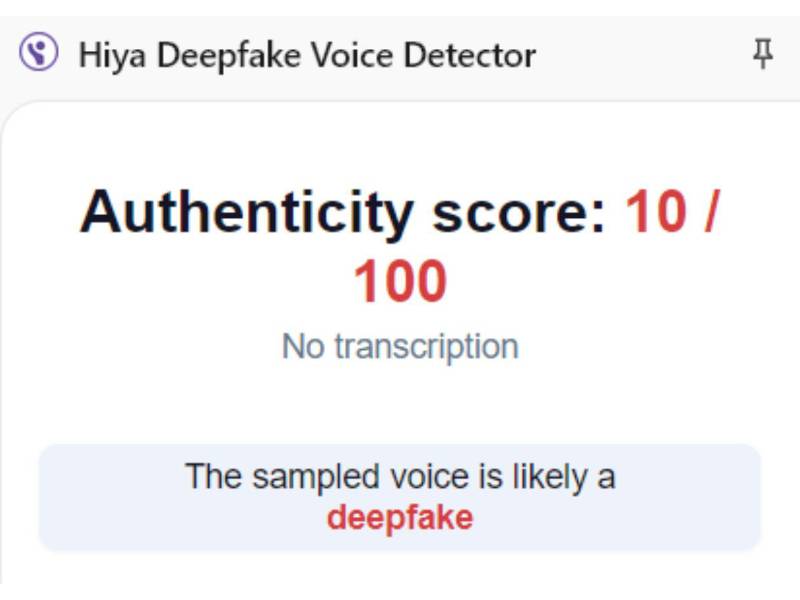 Captura de pantalla a los resultados de Hiya Deepfake Voice Dectector sobre el análisis del video.