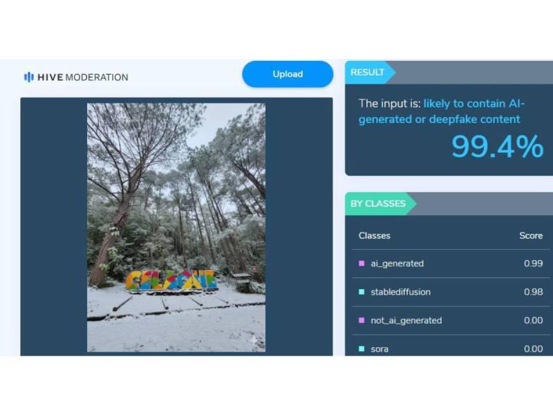 Captura de pantalla a los resultados de la herramienta Hive Moderation hecha el 26 de septiembre de 2025.