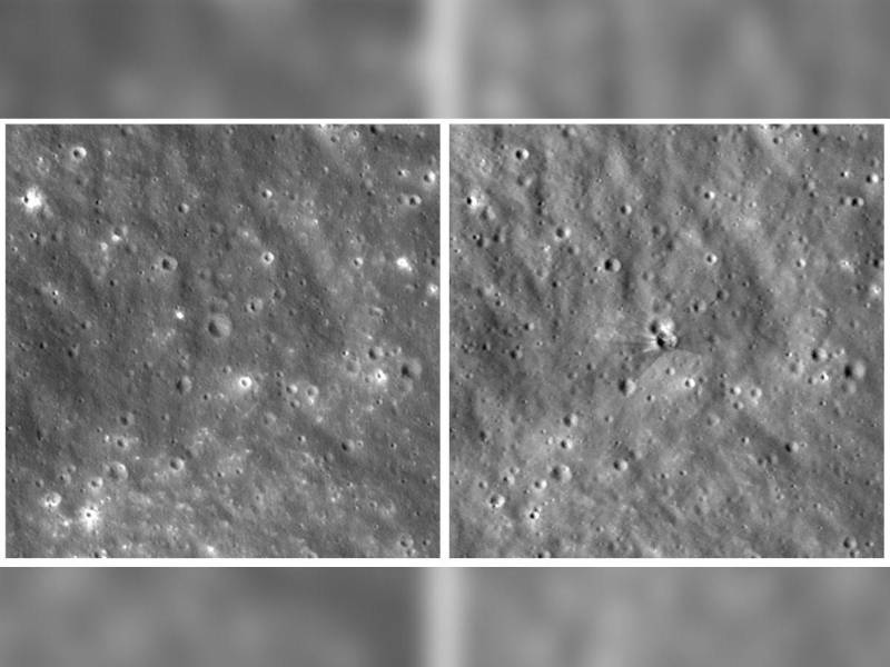 Composición de fotografías cedidas por NASA Goddard e Intuitive Machines del 11 y 12 de agosto por la cámara de ángulo estrecho de la sonda Lunar Reconnaissance Orbiter donde se muestra el antes y después del cráter formado tras el impacto de la etapa superior de un cohete Falcon 9 de SpaceX.