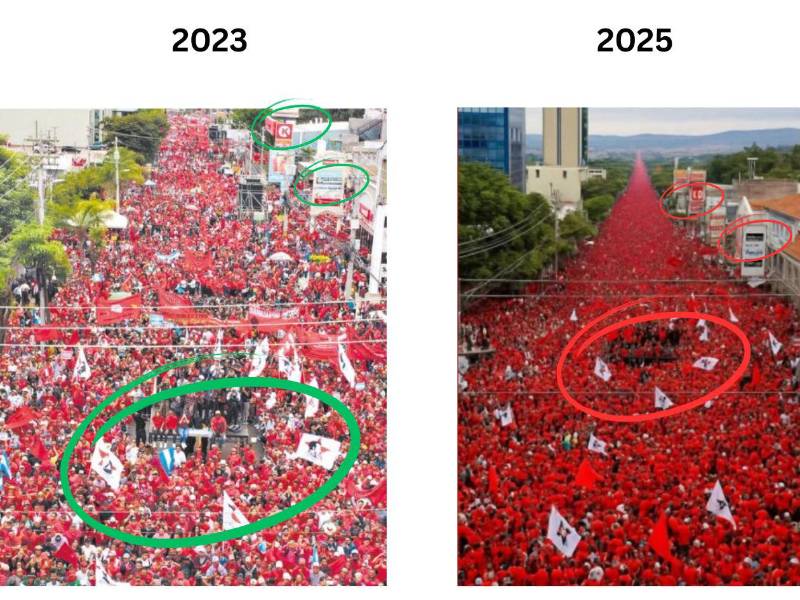 Similitudes encontradas entre una fotografía de la manifestación de 2023 y la imagen viral manipulada.