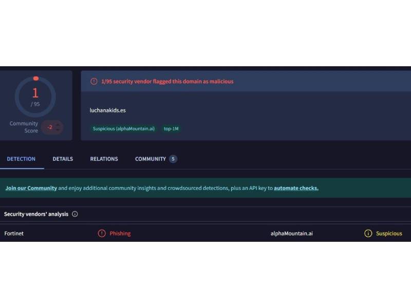 Captura de pantalla al resultado del análisis del dominio en la herramienta VirusTotal.