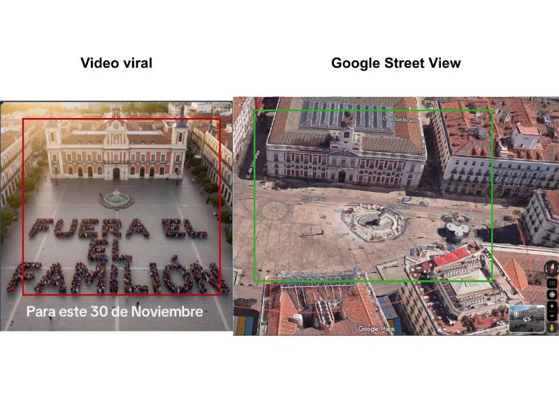 Captura de pantalla a la ubicación en Google Street View en comparación a las inconsistencias detectadas en el video viral.