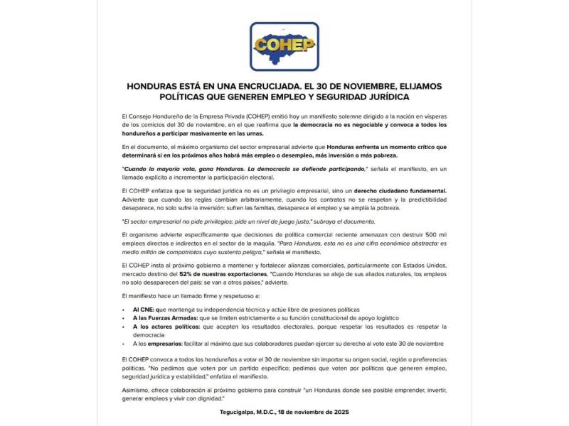 Comunicado oficial del Cohep.