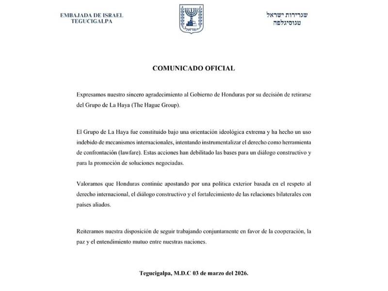 Comunicado de la Embajada de Israel en Tegucigalpa.