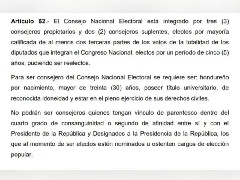 Captura de pantalla al artículo 52 de la Ley Electoral