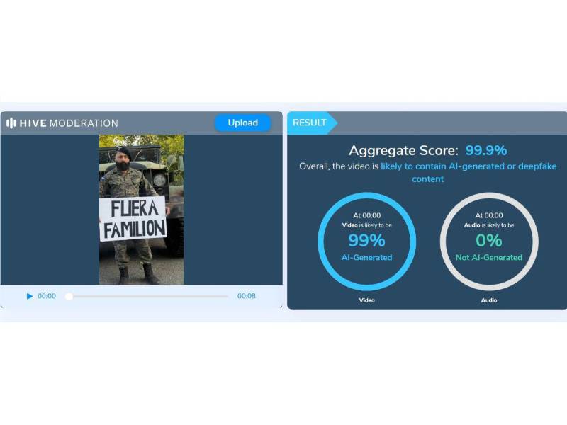 Captura de pantalla a los resultados de Hive Moderation sobre el análisis del video.