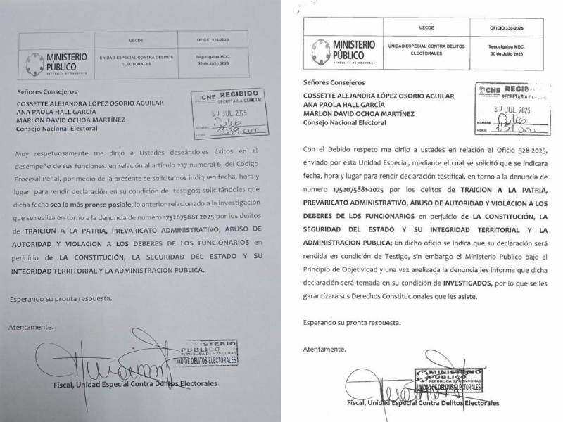 En el primer citatorio, recibido a las 11:39 am, el Ministerio Público llamó a los consejeros a declarar en calidad de testigos. Dos horas después, o sea a la 1:51 pm, el MP cambió la calidad en la que los tres consejeros comparecerán ahora como investigados.