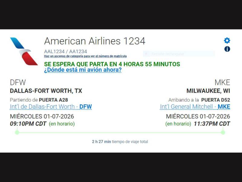Captura de pantalla a itinerario de vuelo de FlightAware del 1 de julio de 2026.